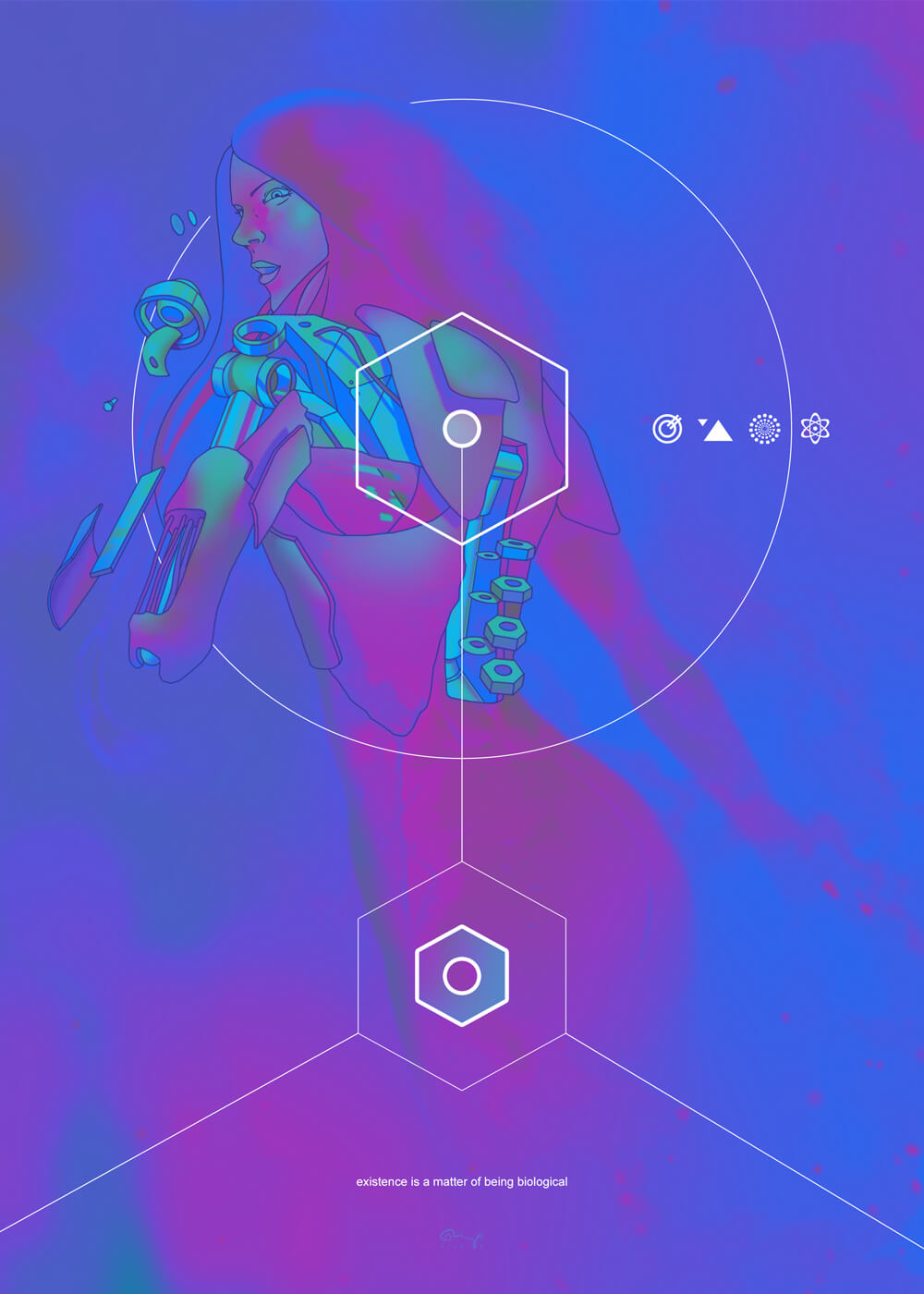 A woman stands against a blue background, surrounded by vibrant purple and pink hues, creating a lively atmosphere