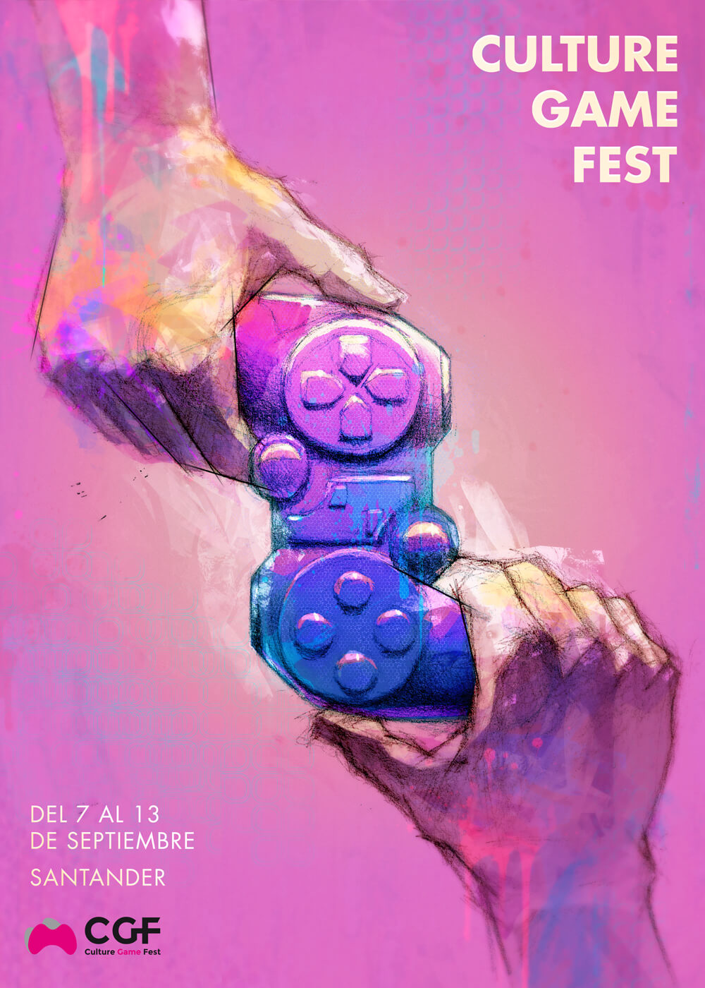 A vibrant scene from the Culture Game Fest, showcasing a Play station controller held by enthusiastic participants enjoying the event