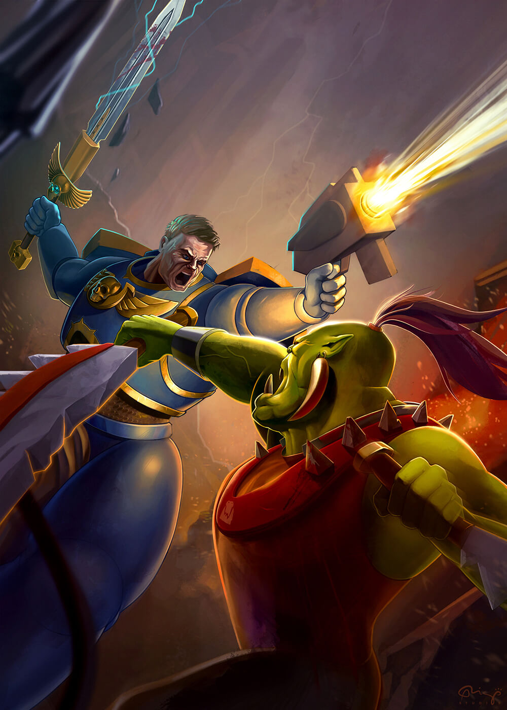 Two characters, a space marine and an orc, engage in a fierce sword and guns fight against a dark, shadowy background, showcasing their intense struggle
