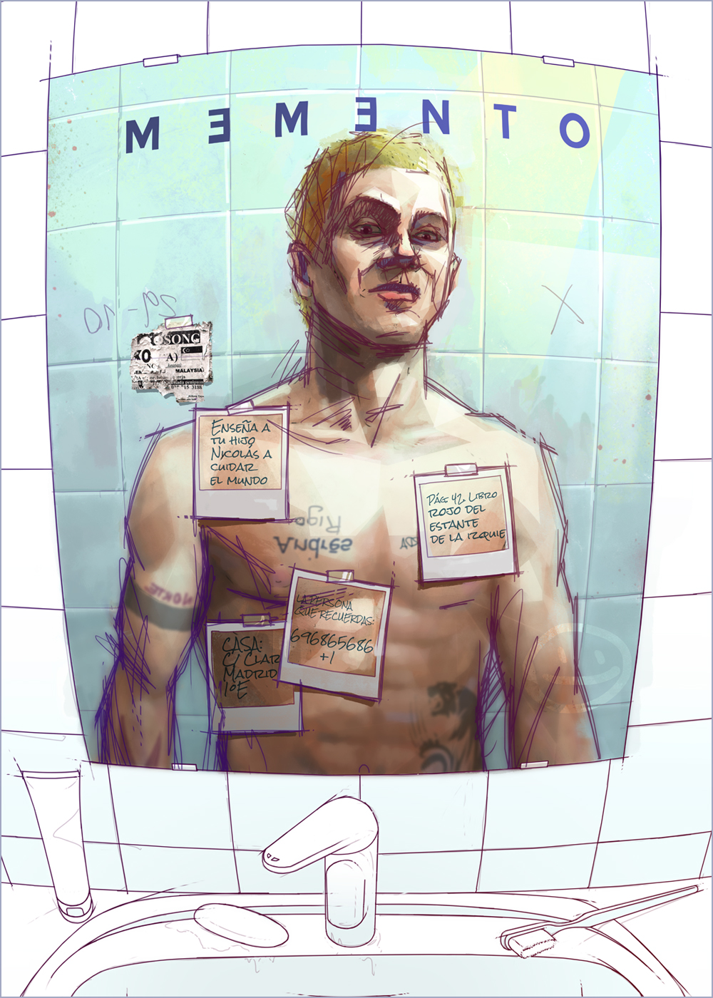 A drawing of a man in a bathroom, looking at a sign that reads "MEMENTO," with a couple of pictures on the mirror with some information to remember