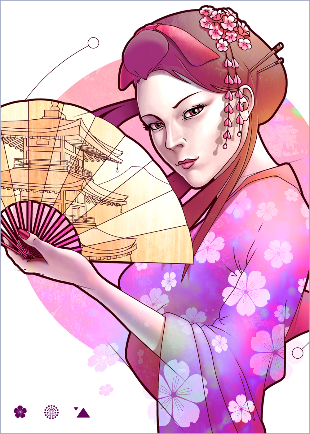 A woman in a vibrant kimono delicately holds a fan, representing the beauty of traditional Japanese fashion