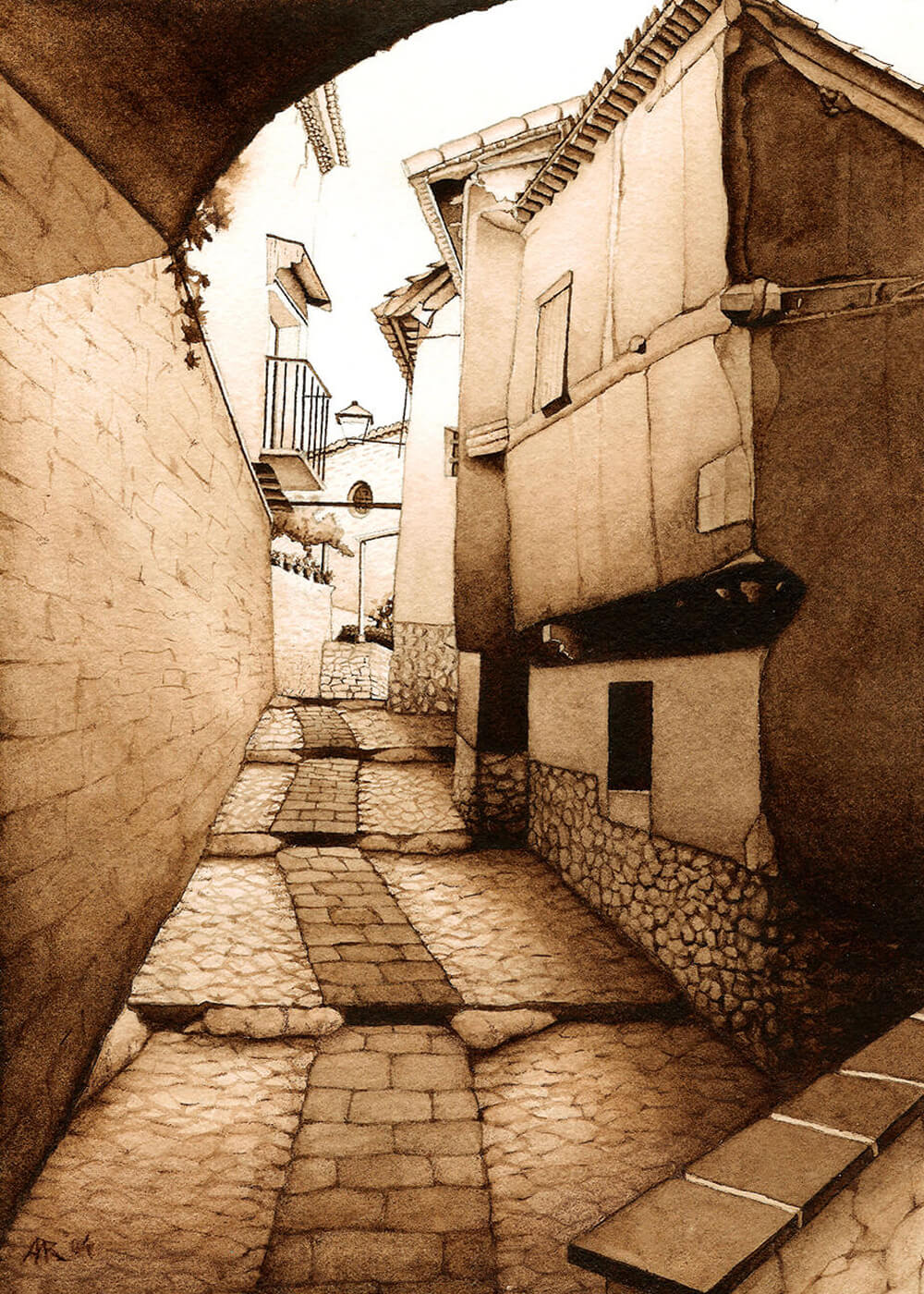An artistic depiction of a narrow alley in a town, featuring close-set buildings and a serene atmosphere
