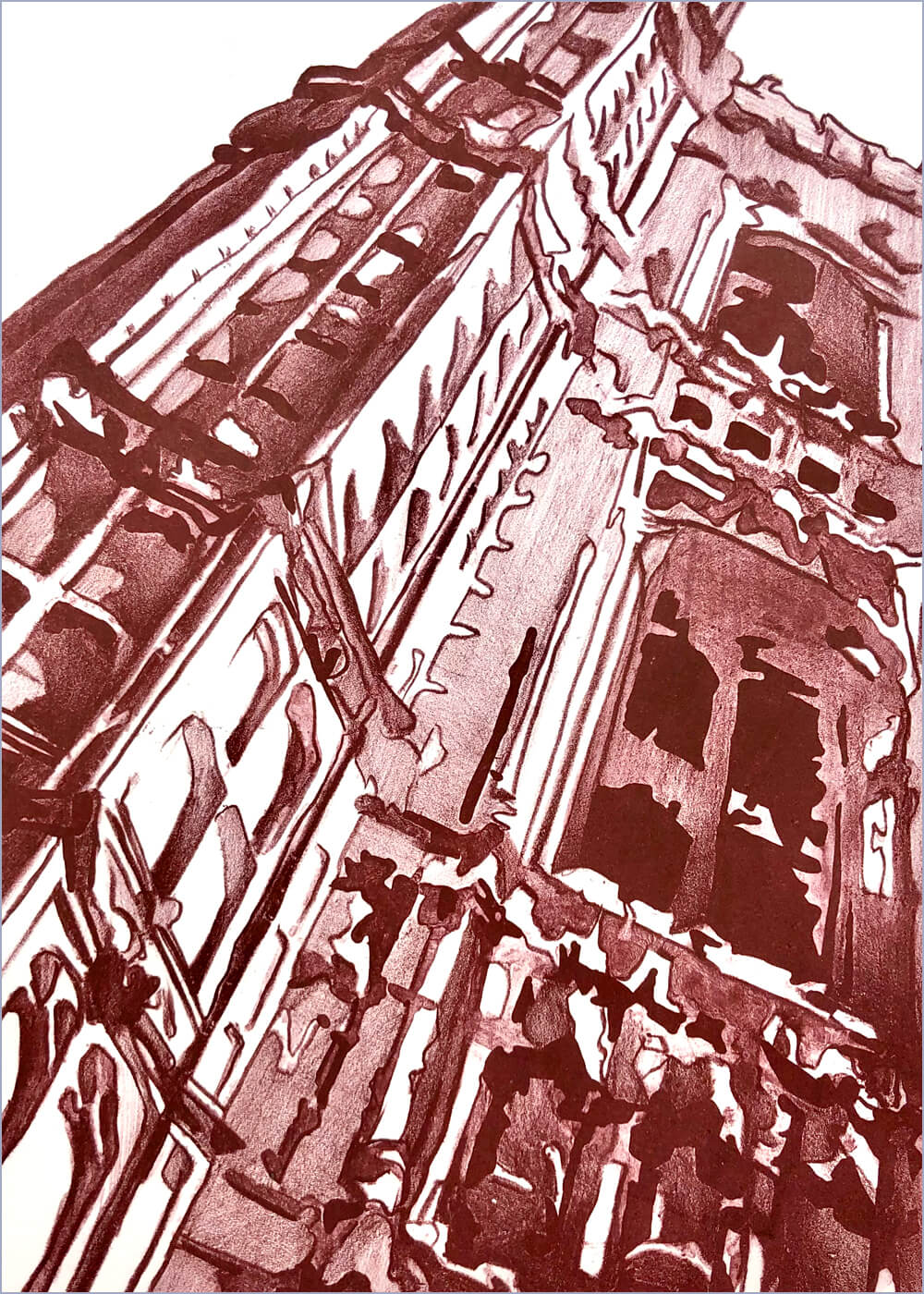 Detail of a facade showing a couple of windows of a London building in red and crimson colors