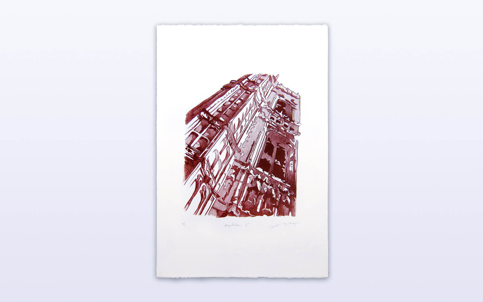 Lithography of London building facade in crimson colors