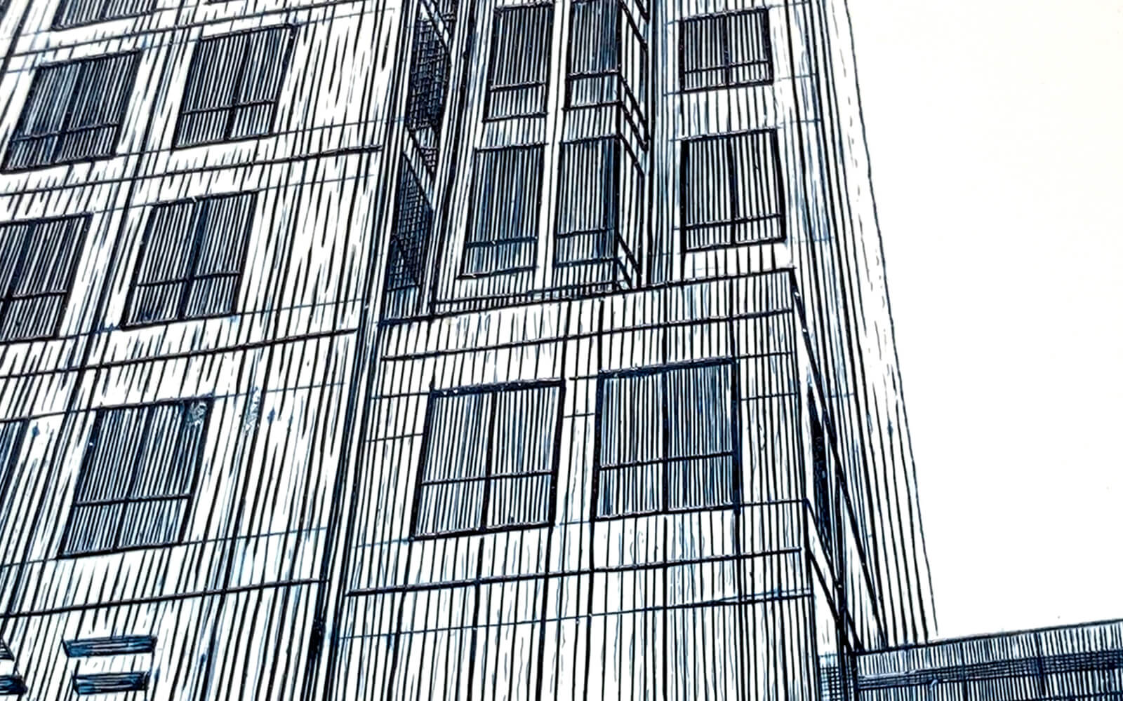 Detail of the artwork where you can see the windows of the building outlined in line