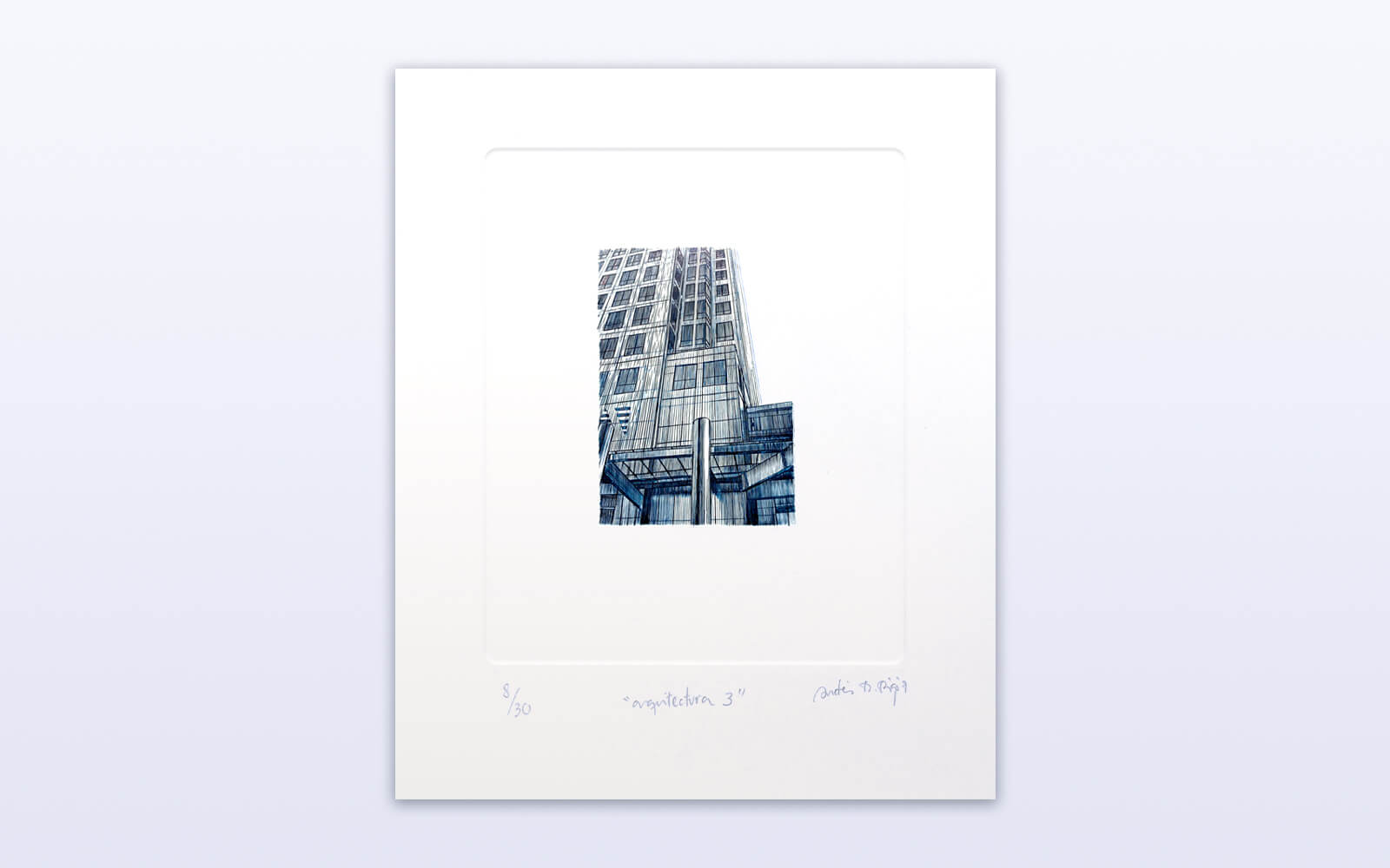 Vertical linear drawing of a modern building with metal structures. Burin engraving on copper stamped on paper.