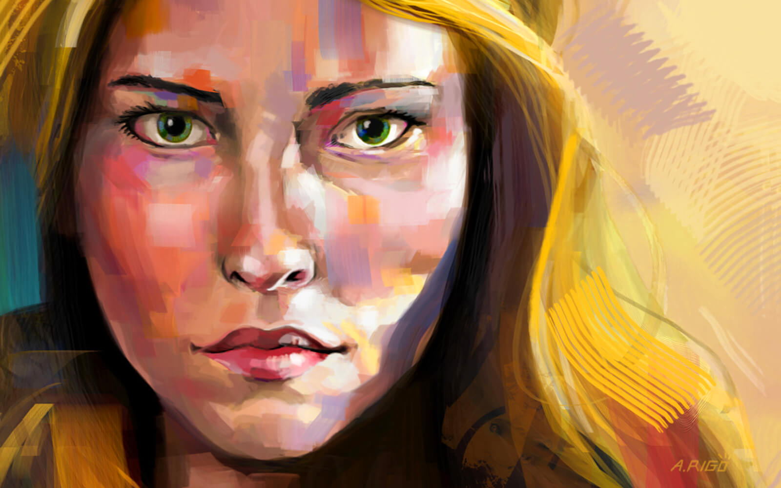 Portrait of a blond woman, long hair, green eyes, looking to the camera. In the painting you can distinguish the digital brush strokes