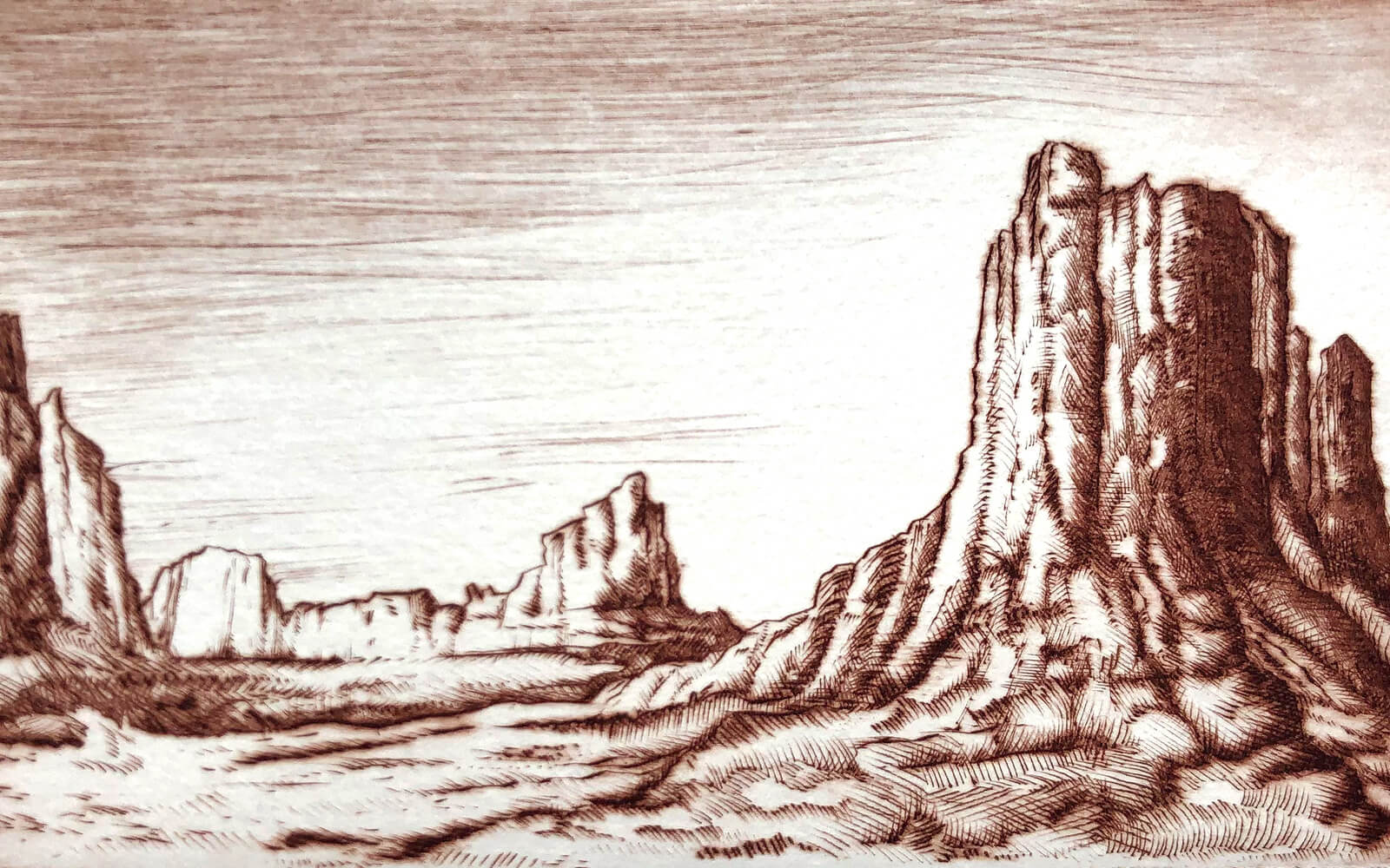 Drawing of the Colorado canyon made in line with the drypoint on copper technique