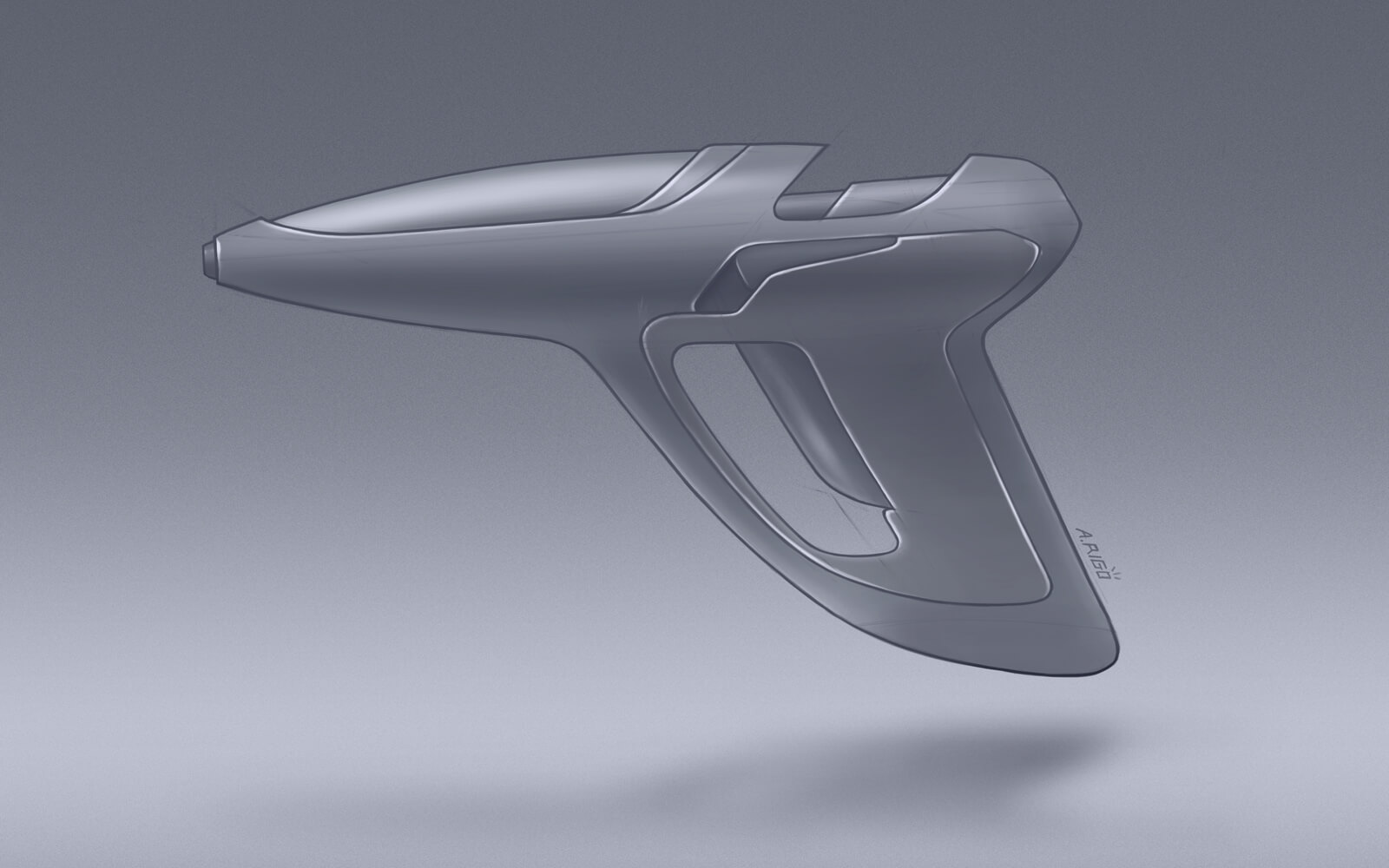 Drawn concept of a futuristic gun in a horizontal one side position. Its top has a glass and in general the shapes are pretty soft and organic.