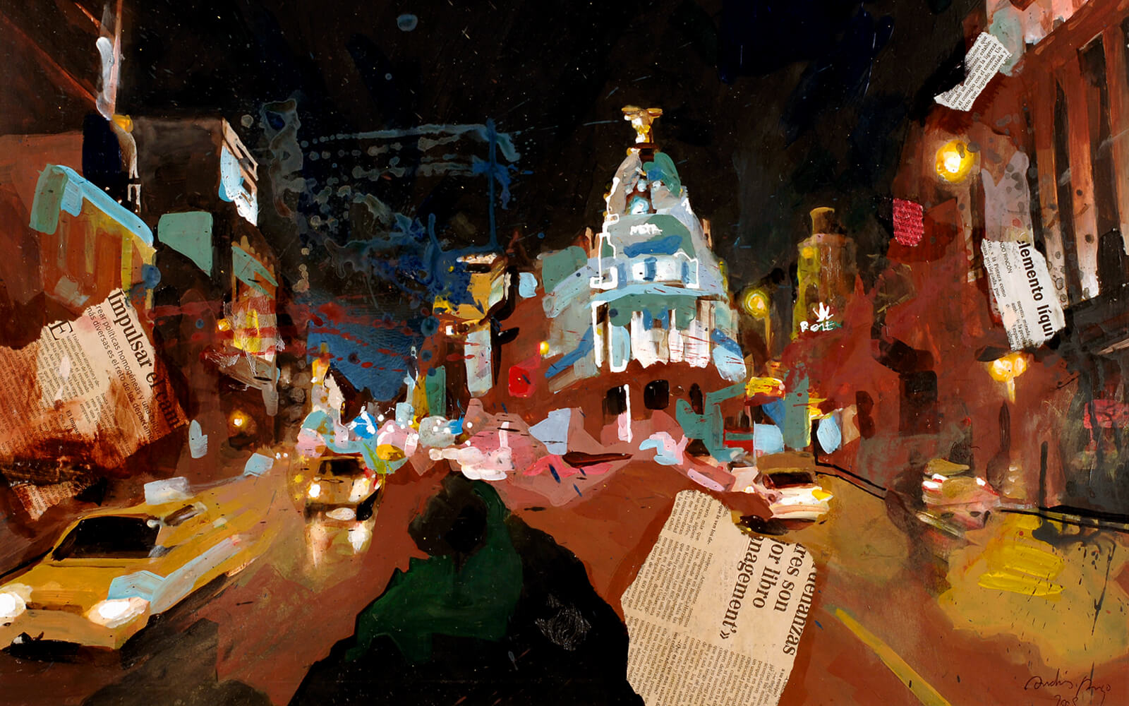 Colorful scene made of acrylic and collage of Madrid's Gran Via, tall buildings, and taxis speeding across the road