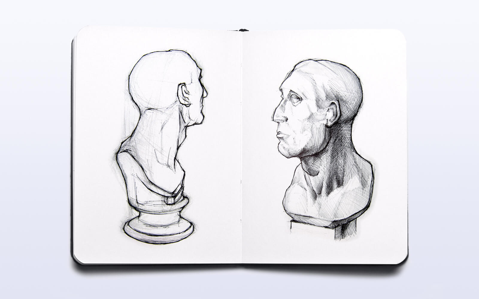 An open sketchbook featuring two artistic bust drawings, highlighting the beauty of classical sculpture