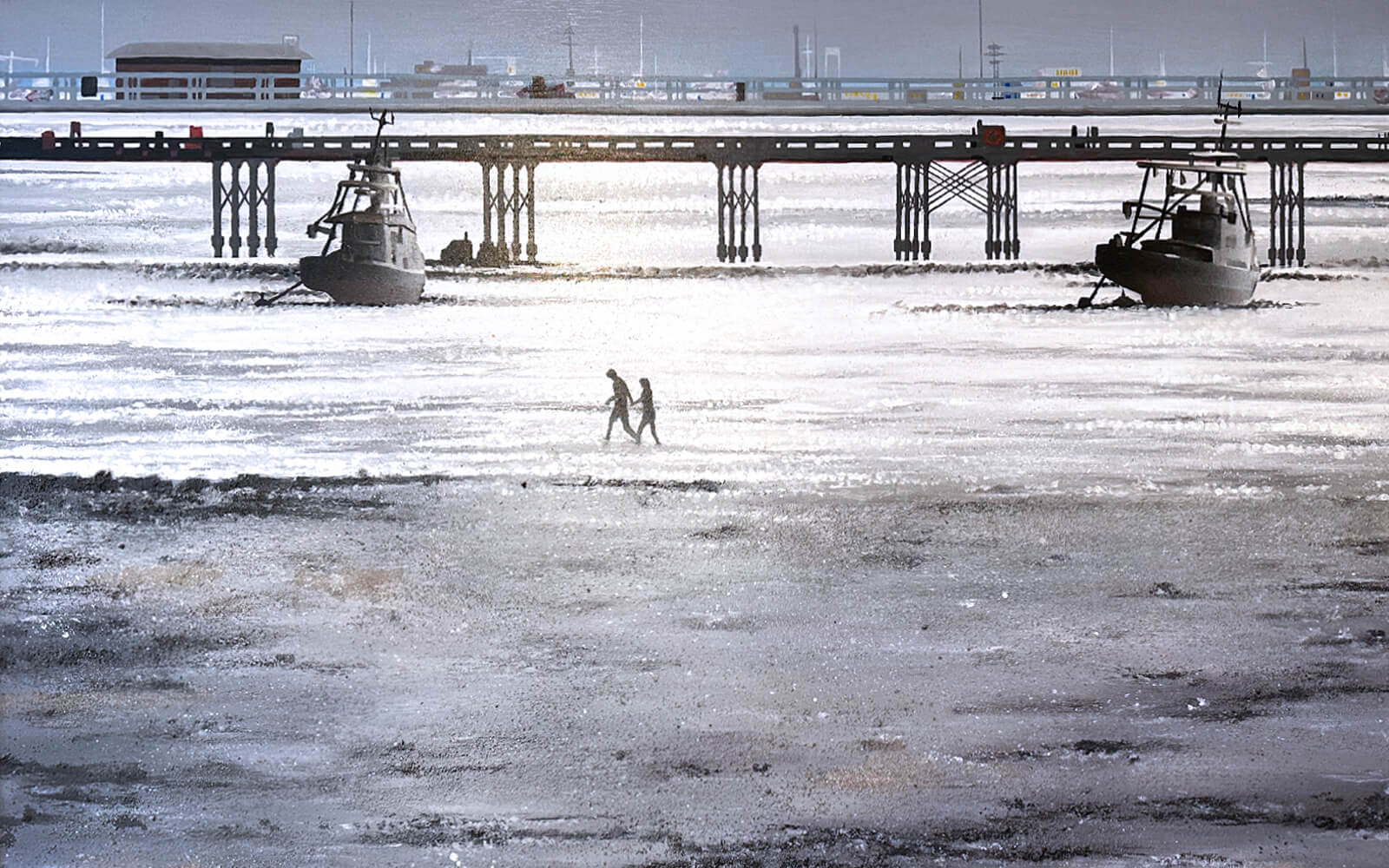A charming painting of a pier alive with boats and two people in the middle of the scene, reflecting a serene day by the water's edge