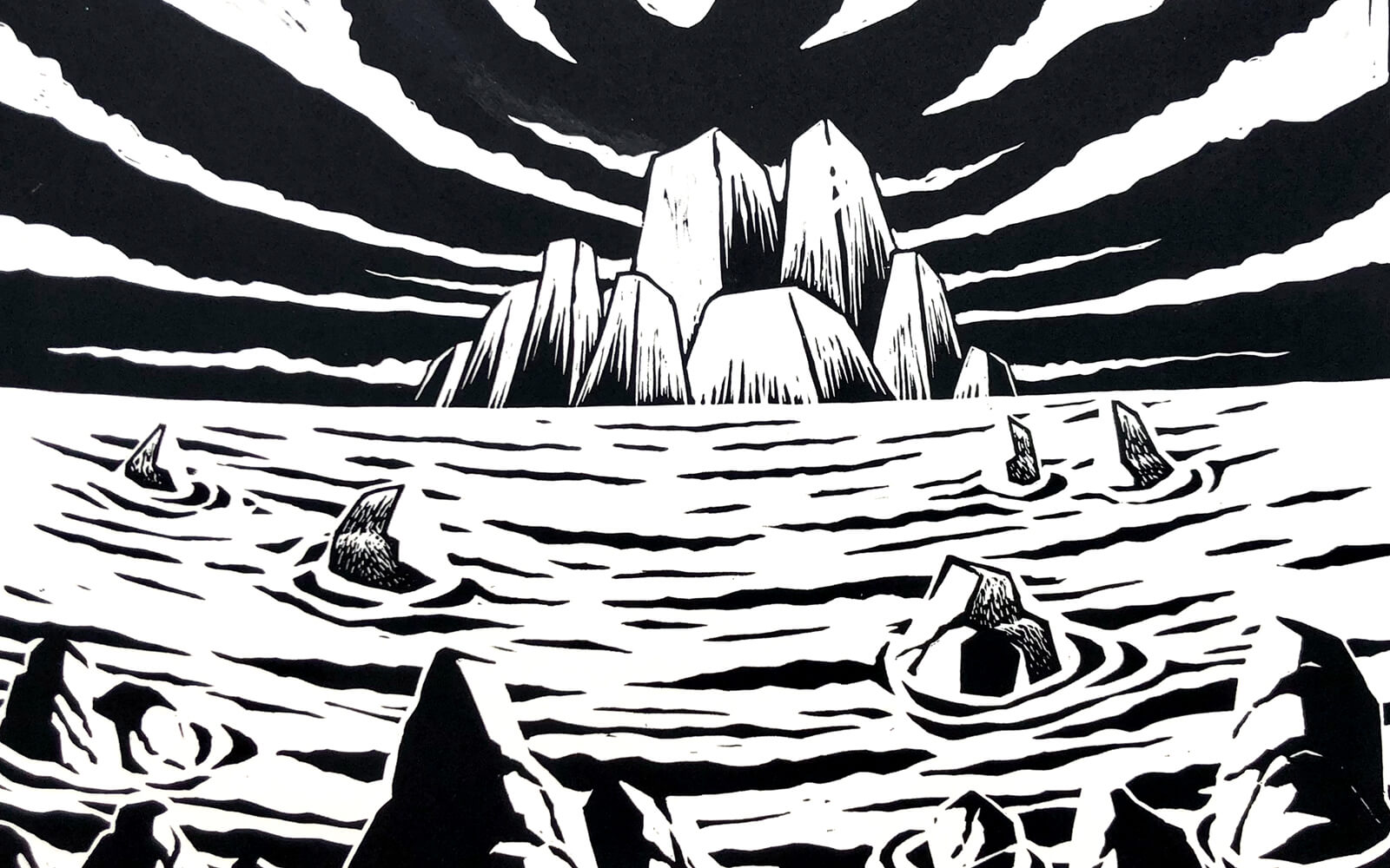 Lithograph of a maritime landscape. In the upper part there are rocky mountains on the horizon, and in the lower half the shore of the car with some small rocks.