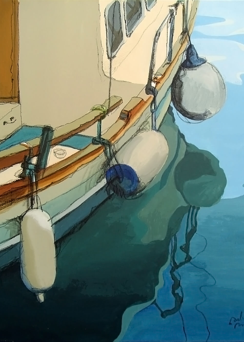Detail of a sailing boat, where the buoys are reflected in the sea water