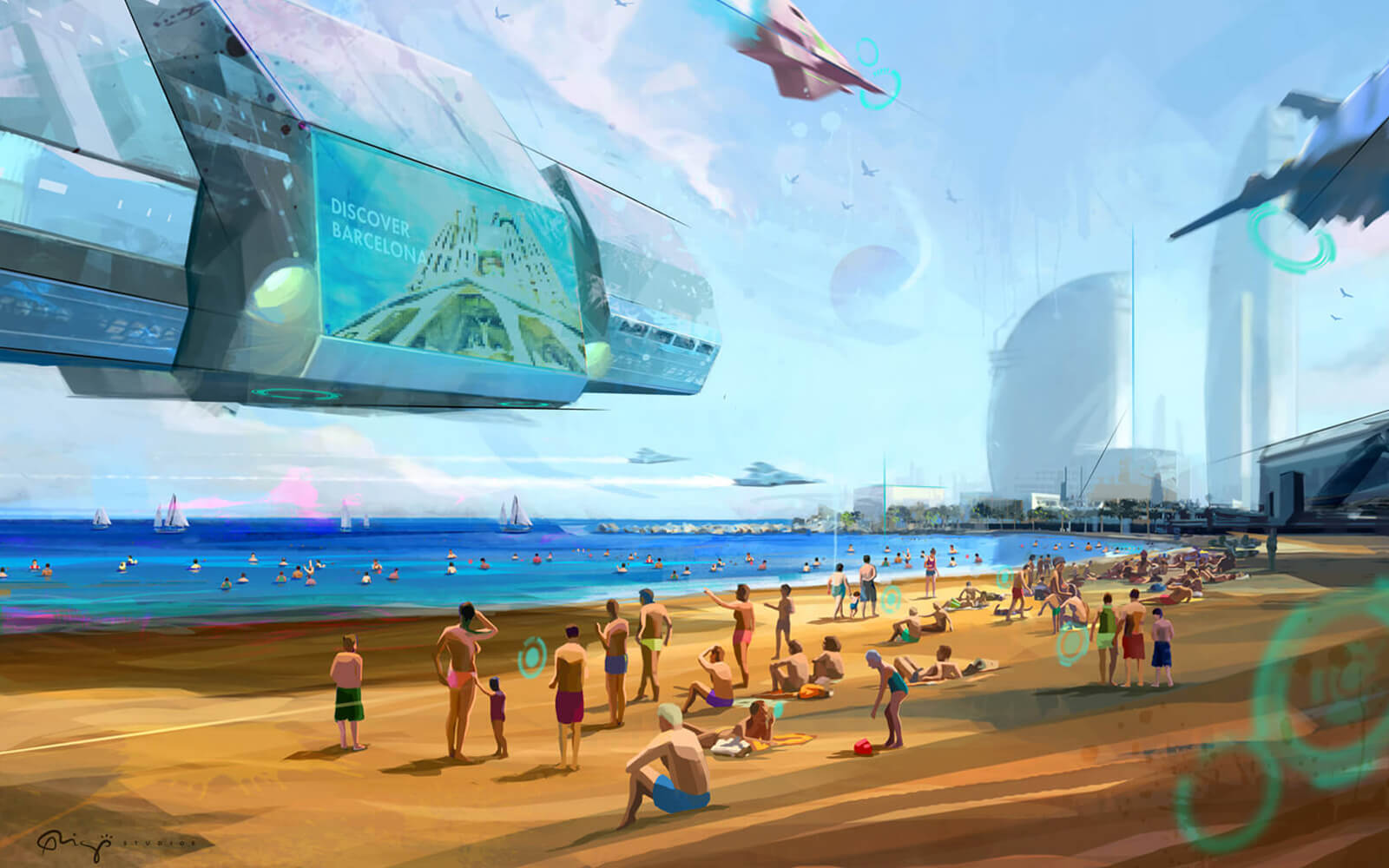 There are a group of beach bathers looking at one futuristic flying display (looks kind of a spaceship) that shows the Gaudi's Cathedral. All this happens at the Barceloneta beach. And at the horizon there are a couple of skyscrapers reinforcing the futuristic vision.