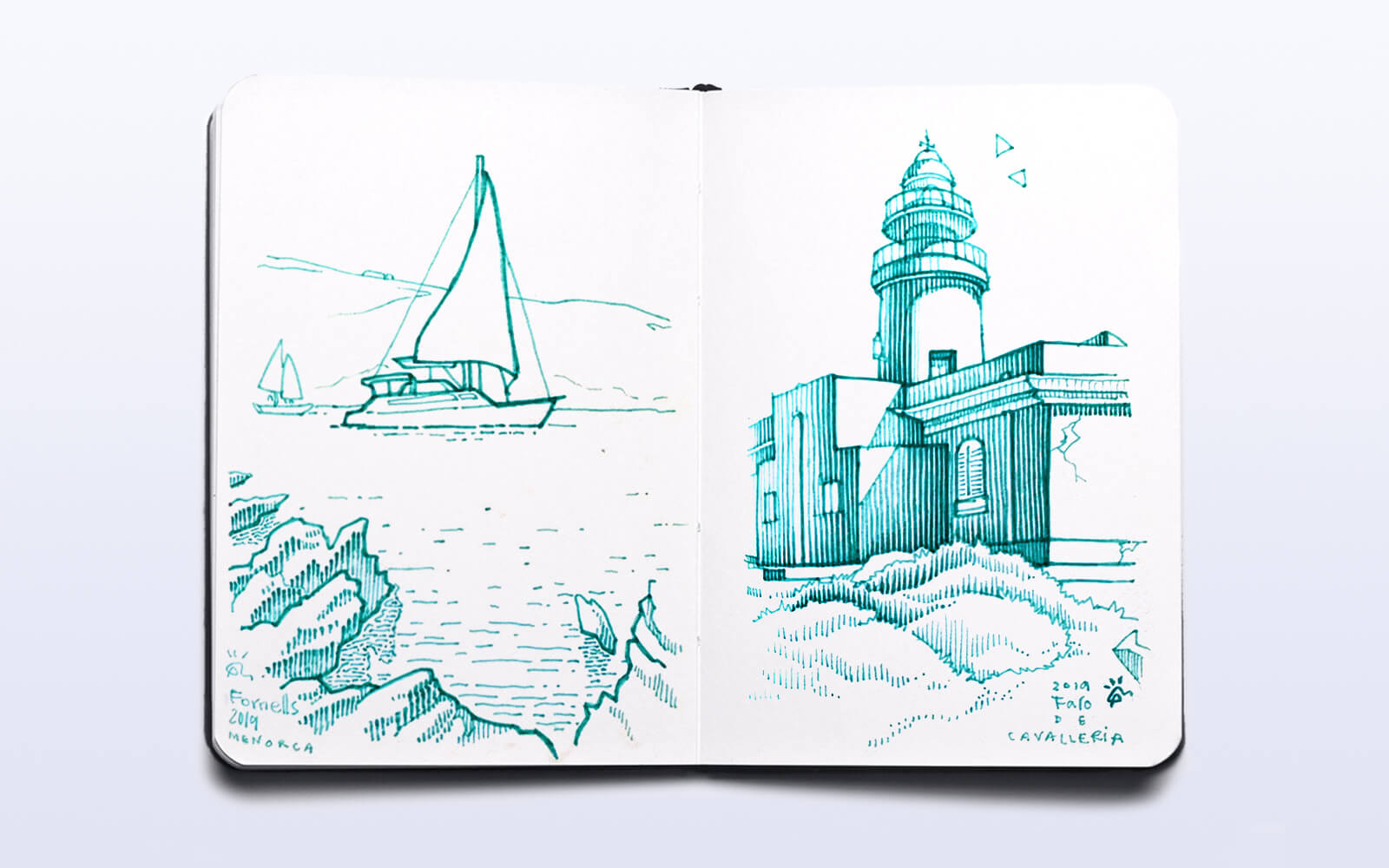 An open sketchbook featuring a detailed drawing of a lighthouse and a small boat, capturing a peaceful maritime vibe