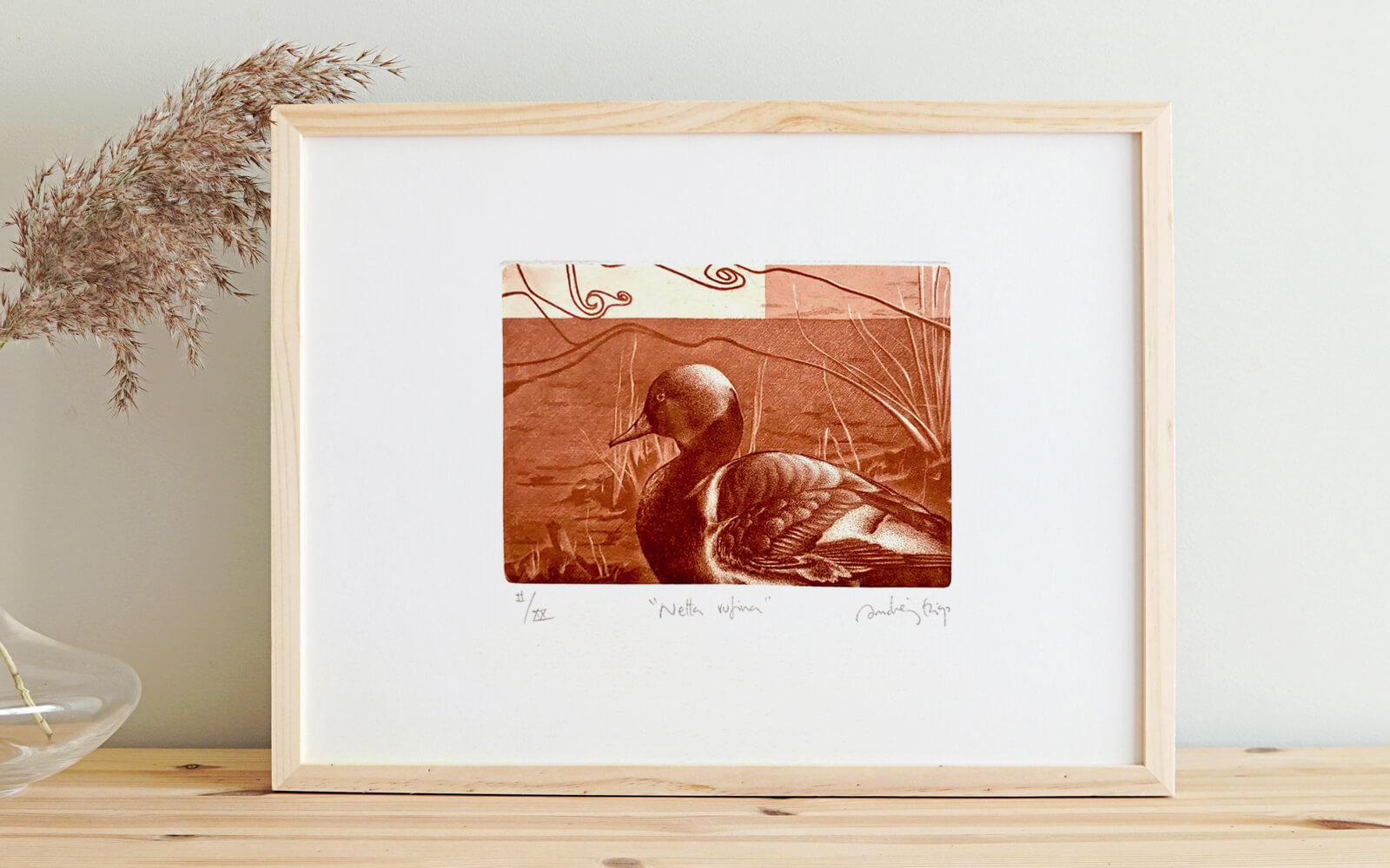 Mockup of the duck engraving artwork inserted on a wooden frame