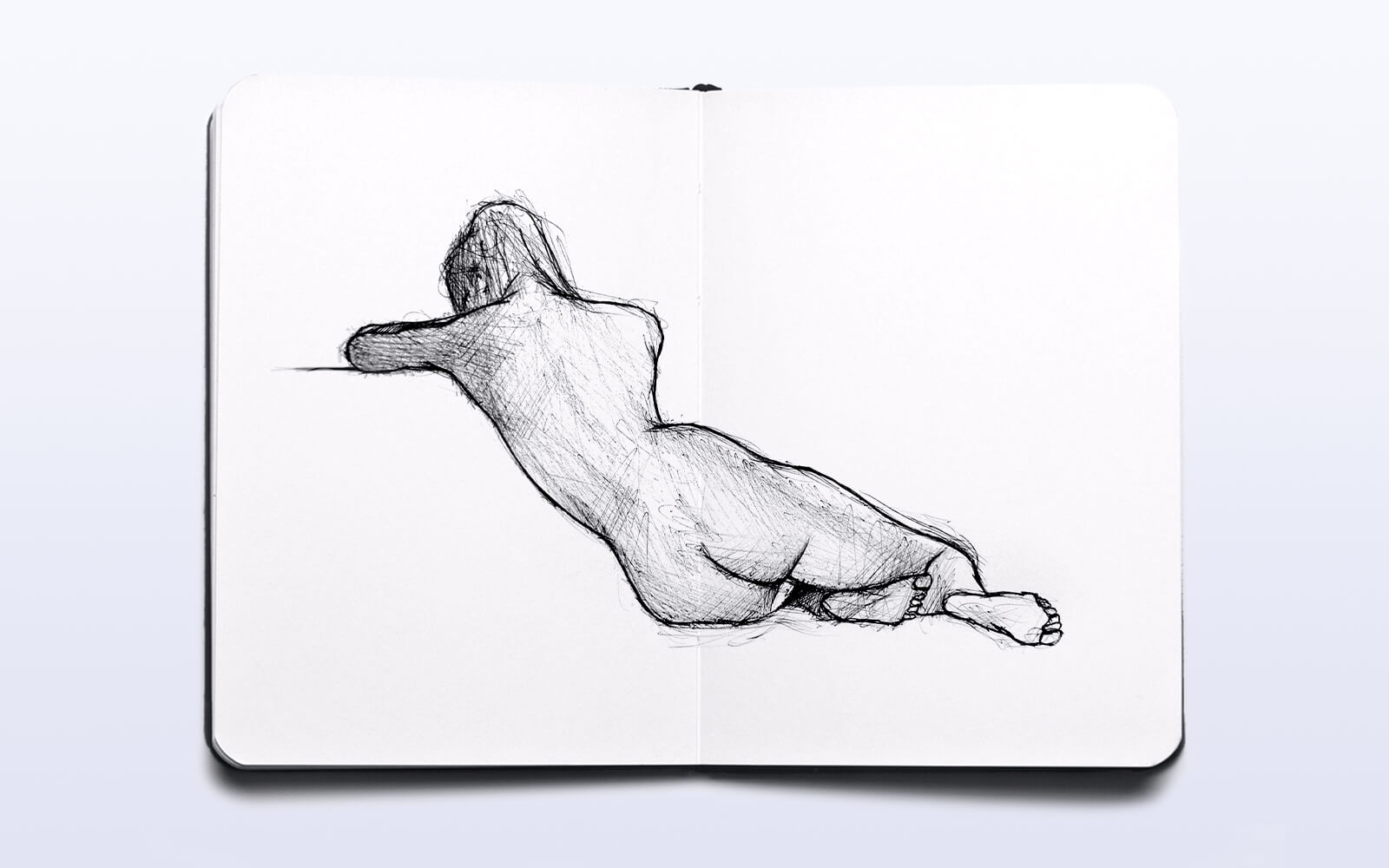 Artistic sketch of a nude woman lying on her back, emphasizing the elegance of her figure and the softness of her posture
