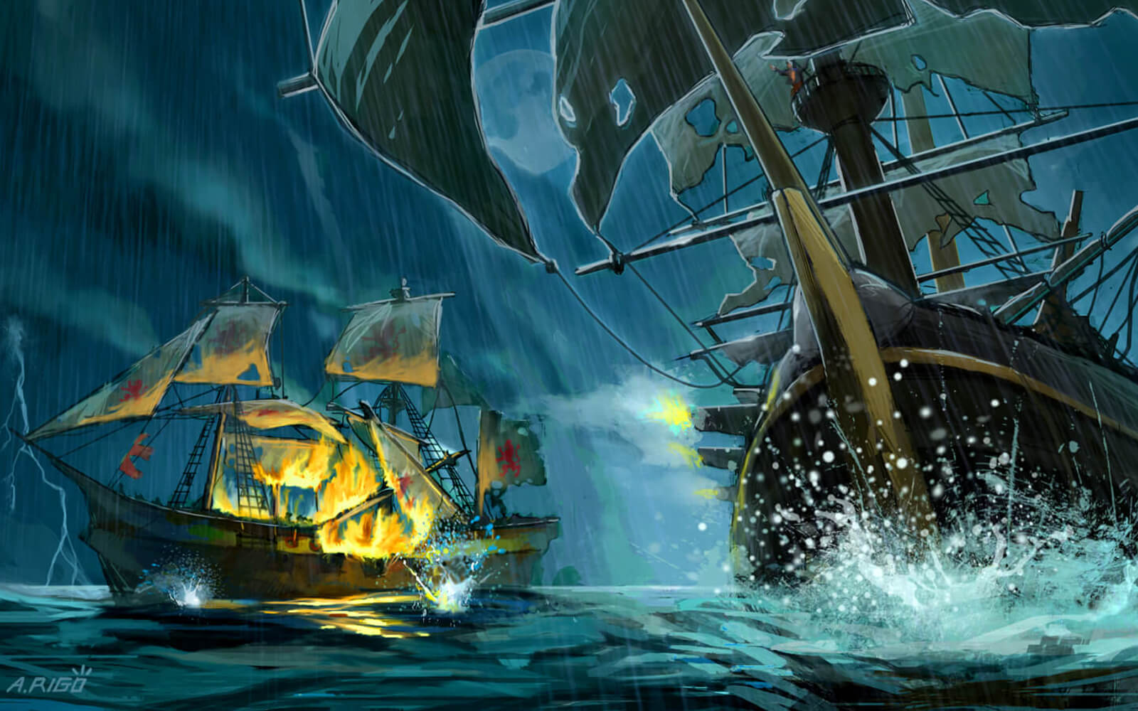 At the middle of a heavy rainy night, there are two pirate ships boarding, bombing and fighting each other. One of them is in flames.