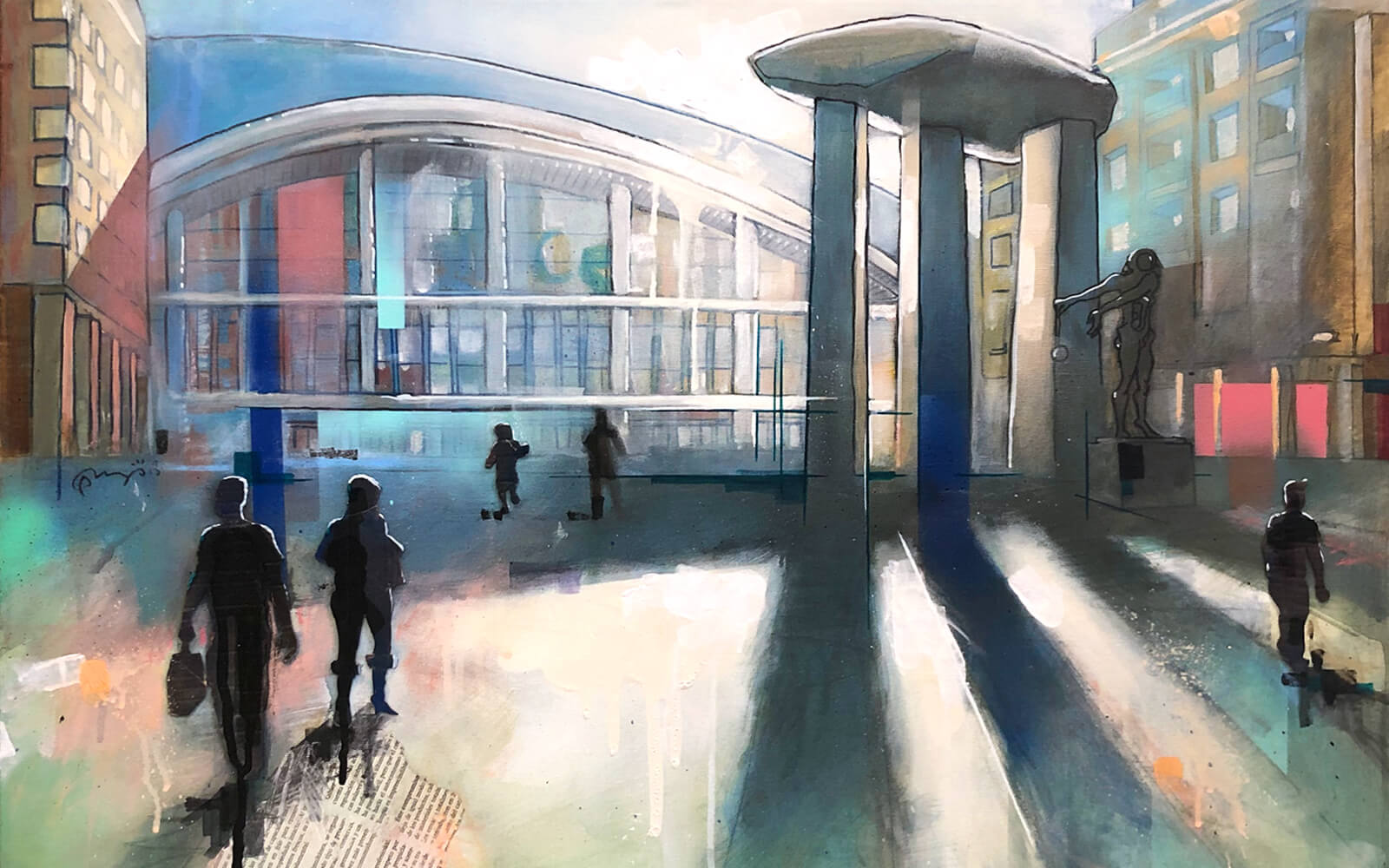 Colorful artwork showing a group of people walking past an impressive building, evoking a sense of community and movement