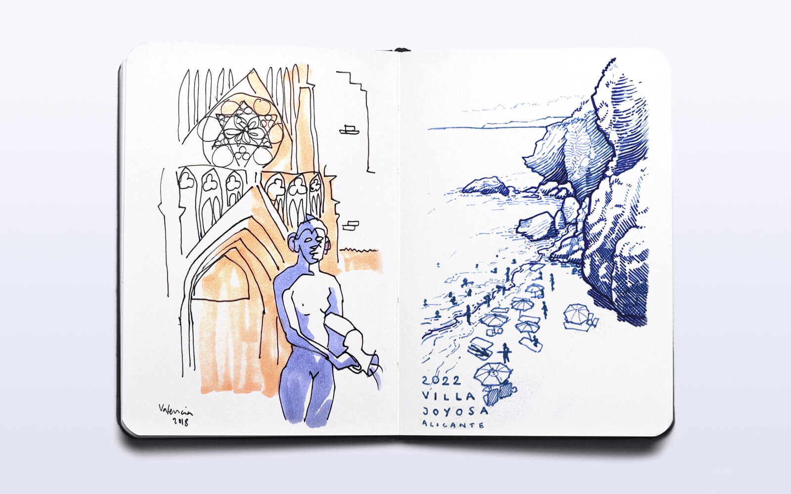 An open sketchbook displaying detailed drawings of diverse people in a beach and architectural designs, highlighting artistic expression