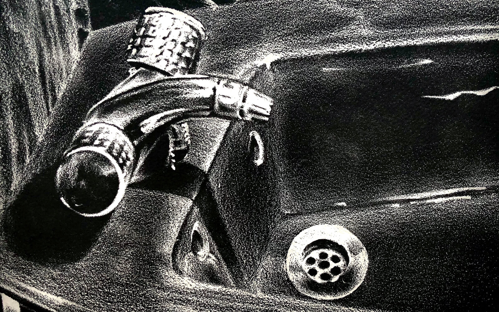 Engraving artwork showing a side view of a bathroom bidet in black colors