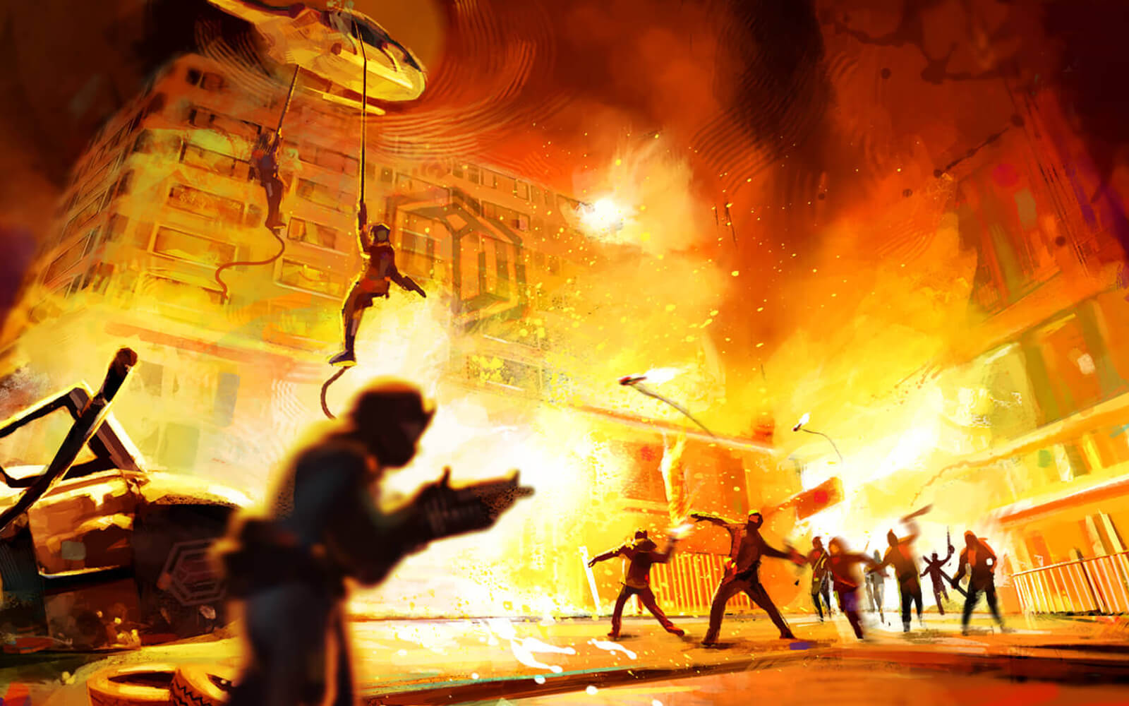 A riot is in front of a burning building while the police is coming in helicopter