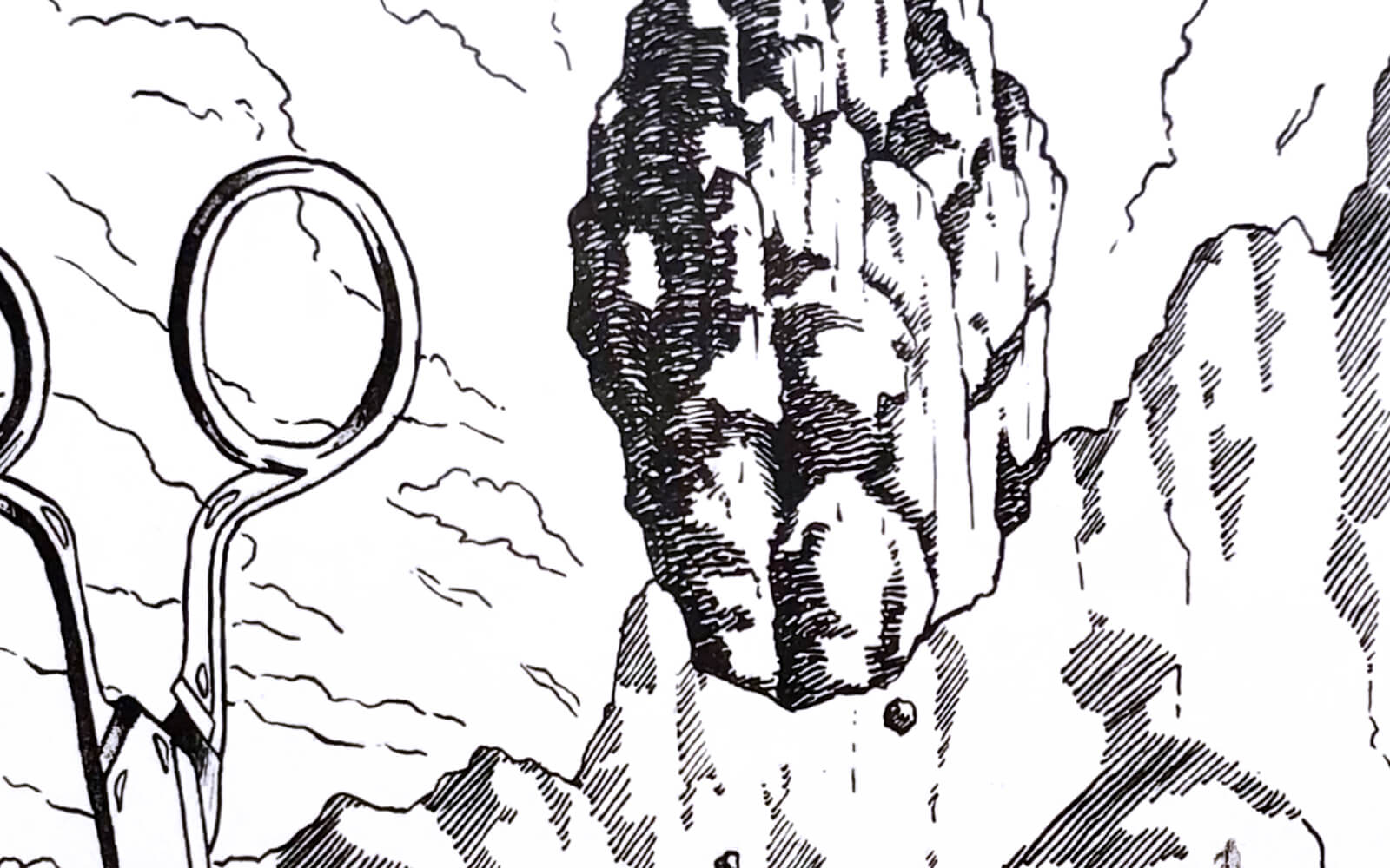Detail of the drawing showing a line showing part of the scissors in the foreground, and behind it a floating stone