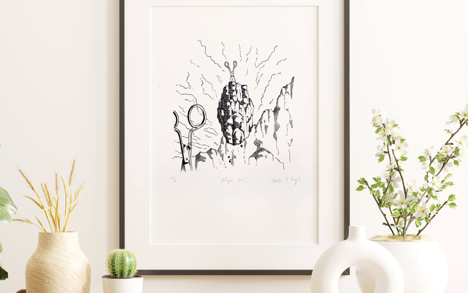 Ink lithograph framed in a grey frame that matches the colours of the black print