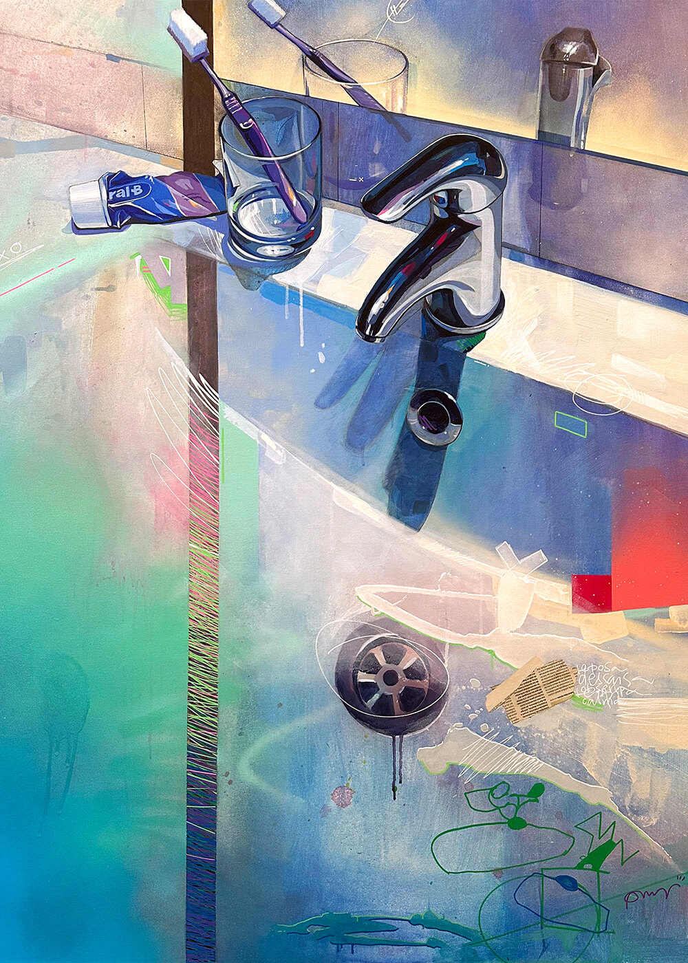 Painting an collage of a bathroom sink with a toothbrush and toothpaste, creating a cozy and intimate environment