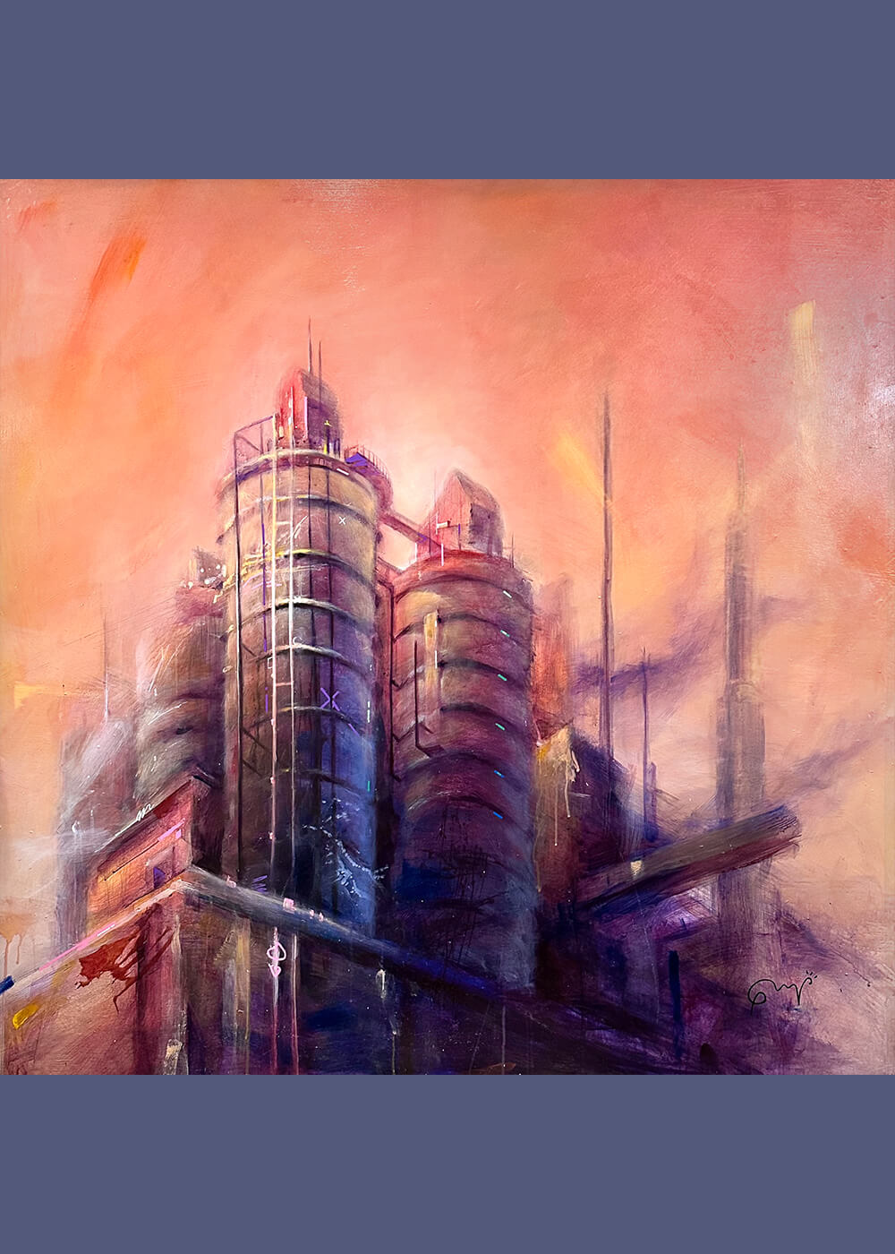 Acrylic painting showing a refinery with smoke coming out of several tubes in warm tones, such as reds, yellows and violets